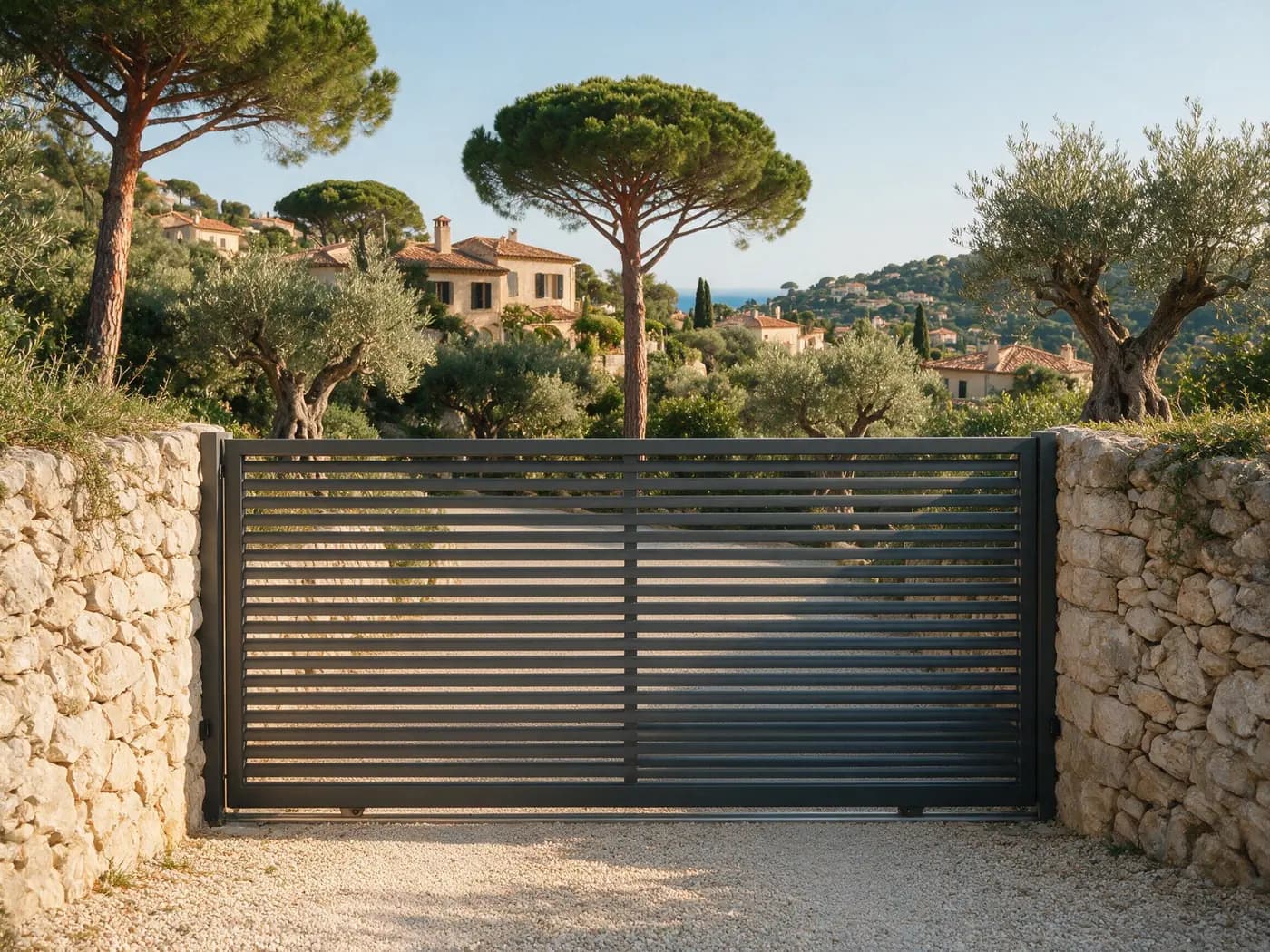 Portail coulissant en gris anthracite (RAL 7016), posé devant une villa des hauteurs de Nice
