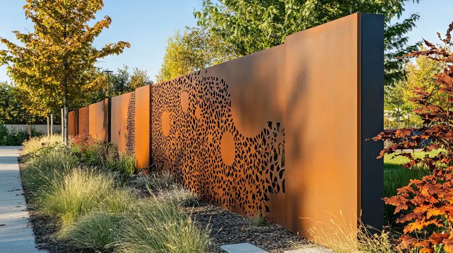 Panneaux en acier corten à la patine orangée, découpés d'un motif végétal ajouré, dans un jardin de graminées