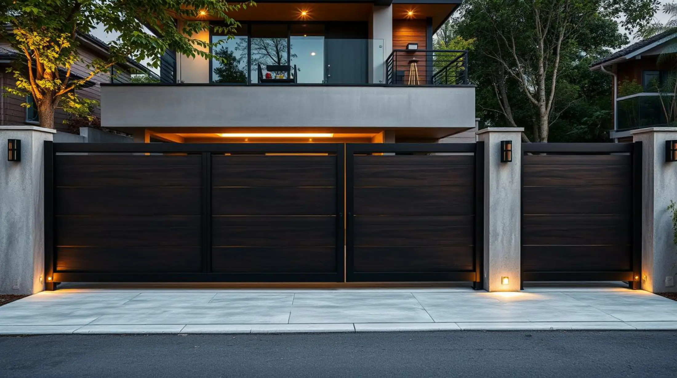 Portail battant en aluminium sombre à lames horizontales, éclairé par des appliques encastrées à la tombée de la nuit, à l’entrée d’une villa contemporaine