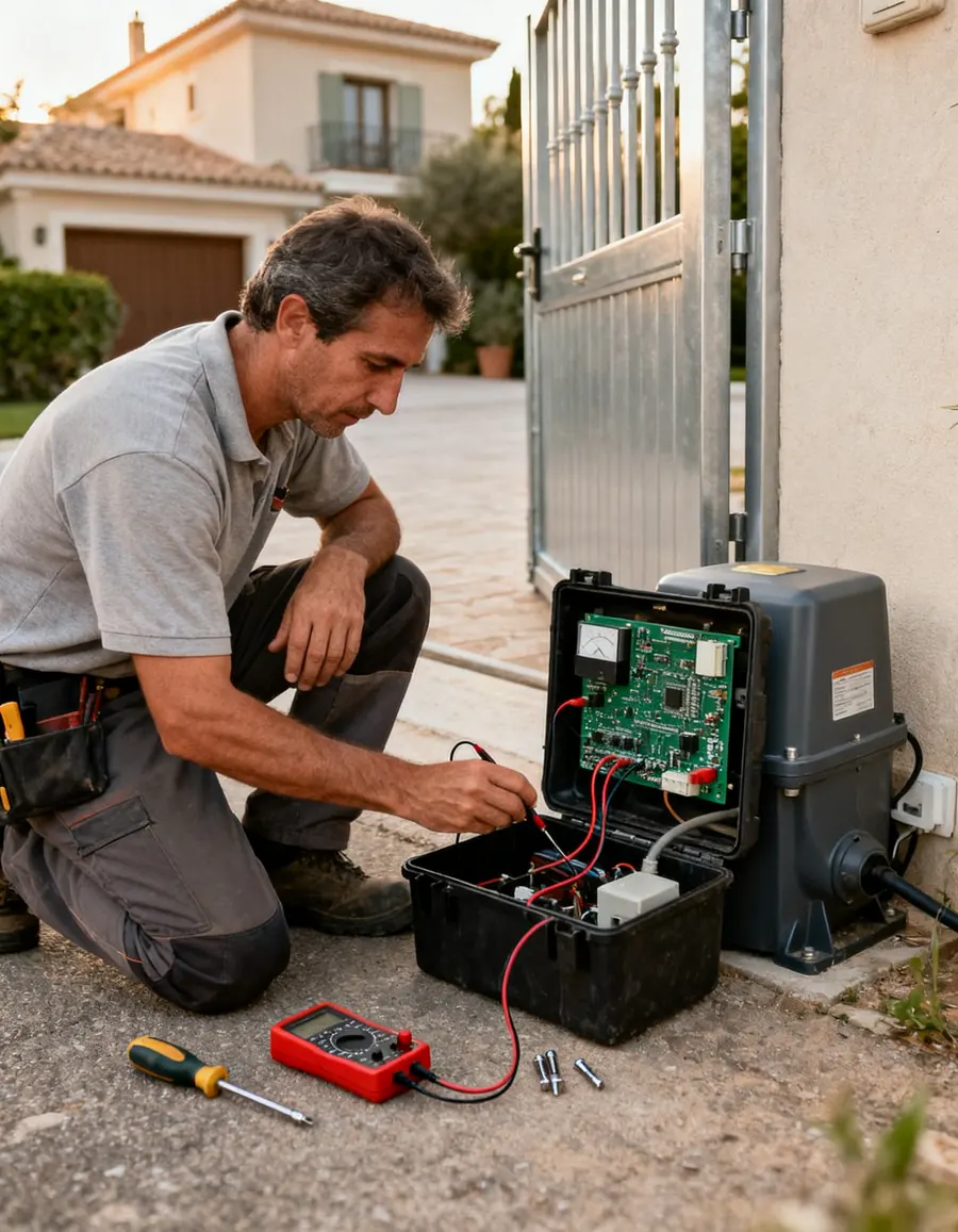 Technicien testant au multimètre la carte électronique d'une motorisation de portail, coffret ouvert dans l'allée